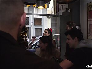 Spanish babe takes restrain bondage in public bar